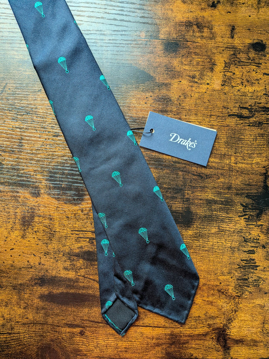 Drakes Dark Navy Parachute Motif Handmade Tipped Silk Tie With Tag Limited Edition