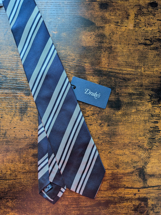 Drakes Dark Navy White Handmade Striped Silk Tie With Tag