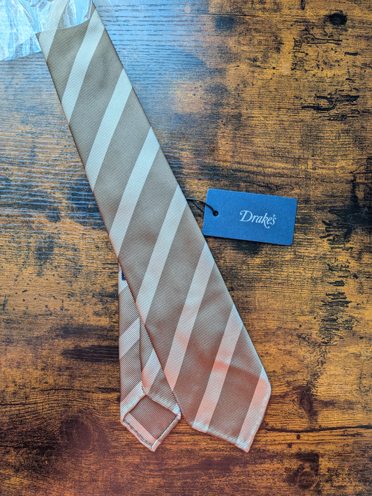 Drakes Light Brown Handmade Striped Silk Tie With Tag