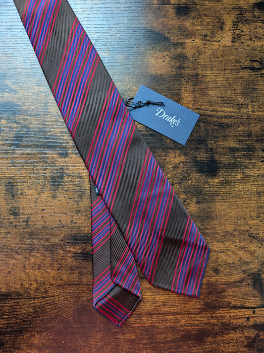 Drakes Brown Red Blue Handmade Striped Silk Tie With Tag