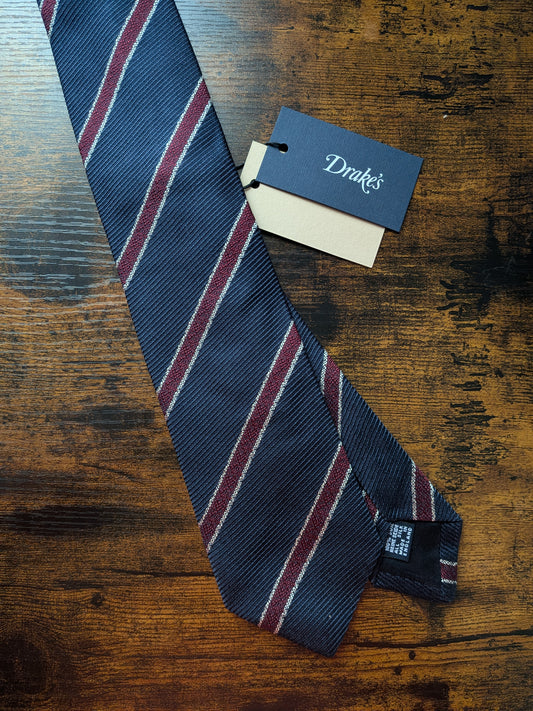 Drakes Navy Burgundy White Handmade Striped Silk Tie With Tag