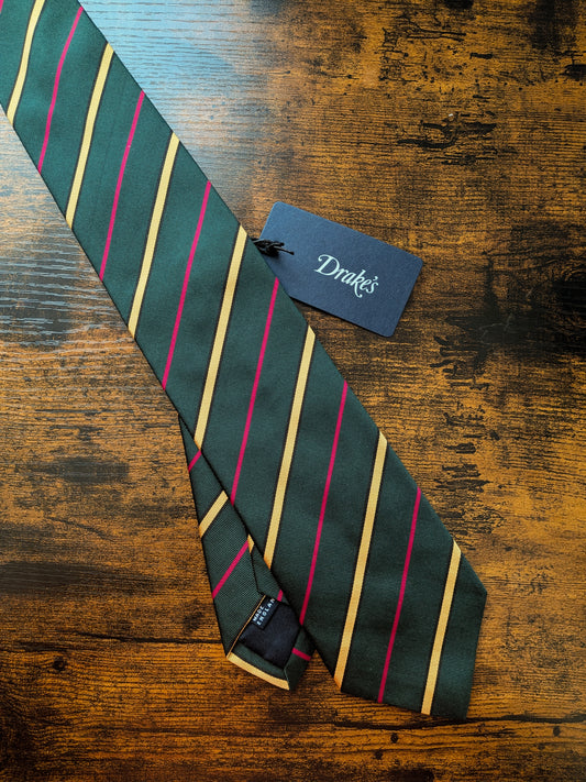 Drakes Green Yellow Pink Handmade Striped Silk Cotton Tie With Tag