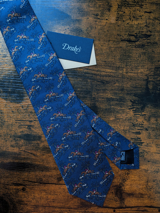 Drakes Horse Riding Navy Handmade Tipped Silk Tie With Tag Limited Edition