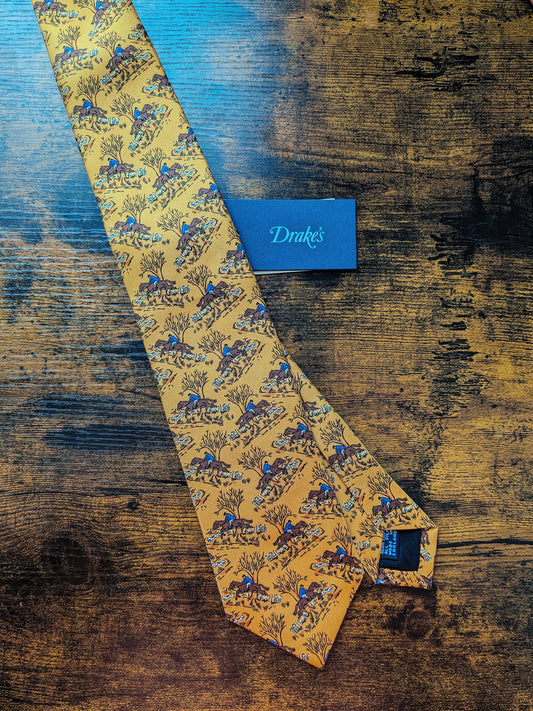 Drakes Horse Riding Yellow Handmade Tipped Silk Tie With Tag Limited Edition