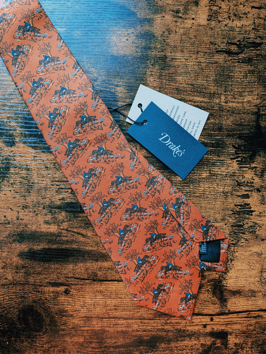 Drakes Horse Riding Orange Handmade Tipped Silk Tie With Tag Limited Edition
