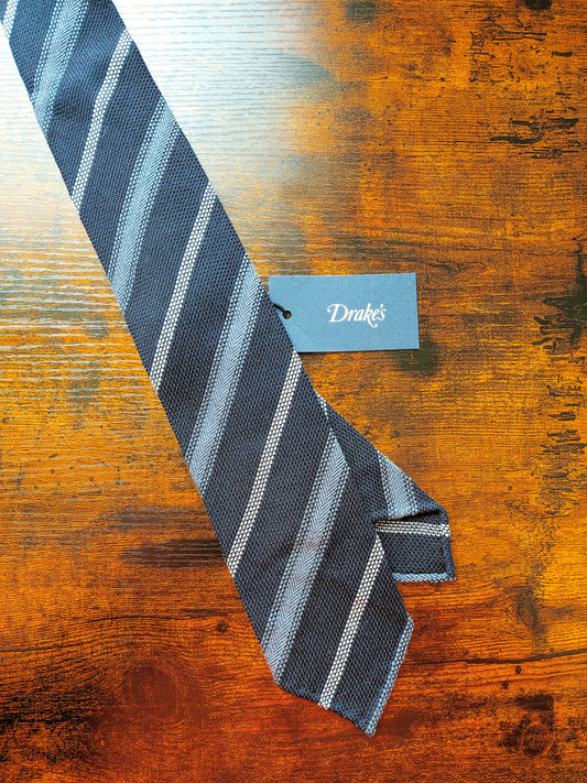 Drakes Grenadine Navy Blue Handmade Striped Silk Tie With Tag