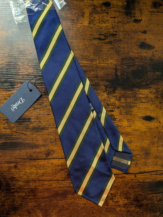 DrakesIndigo Blue Green Yellow  Handmade Striped Silk Tie With Tag