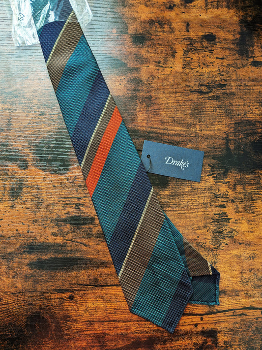 Drakes Grenadine Multicoloured Handmade Striped Silk Tie With Tag