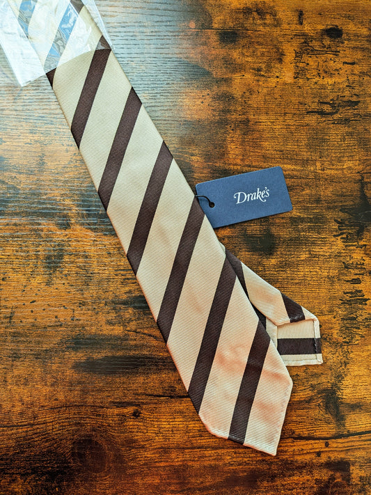 Drakes Cream Brown Block Striped Handmade Silk Tie With Tag