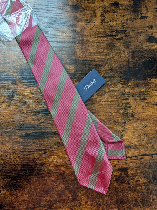 Drakes Dusty Rose Taupe Block Striped Handmade Silk Tie With Tag