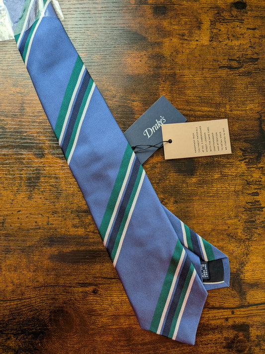 Drakes Blue Green Block Striped Handmade Silk Tie With Tag
