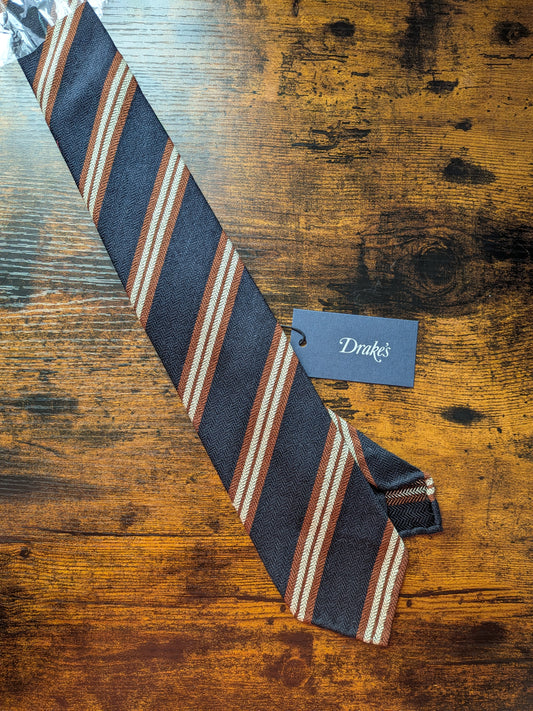 Drakes Navy Brown White Handmade Striped Silk Tie With Tag