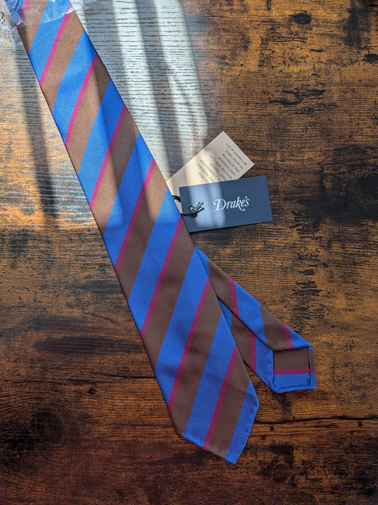 Drakes Blue Brown Red Block Striped Handmade Silk Tie With Tag