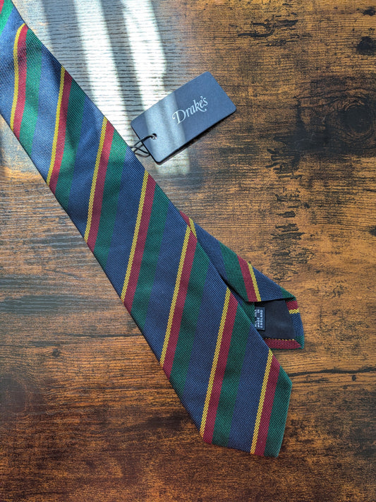 Drakes Navy Green Multicoloured Striped Handmade Silk Tie With Tag