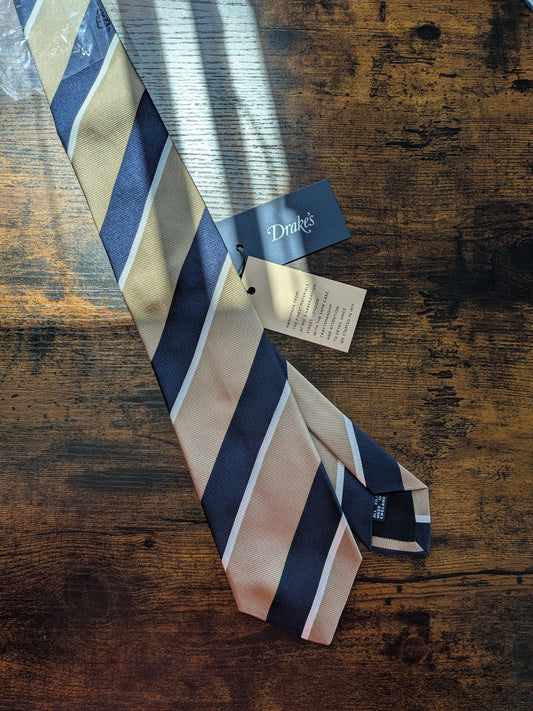 Drakes Light Brown Navy White Multicoloured Striped Handmade Silk Tie With Tag