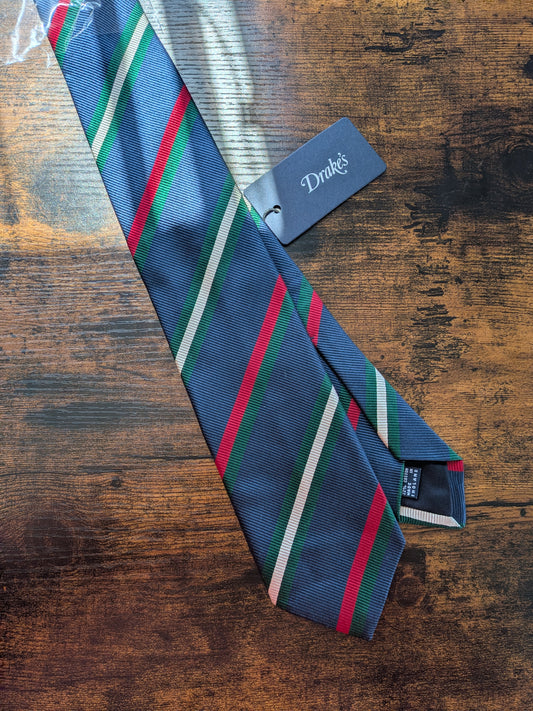 Drakes Navy Green White Multicoloured Striped Handmade Silk Tie With Tag