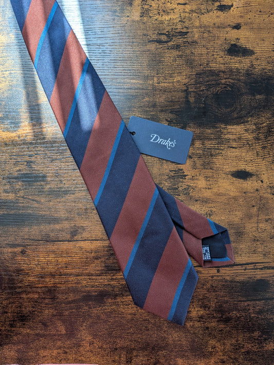Drakes Brown Navy Blue Multicoloured Striped Handmade Silk Tie With Tag