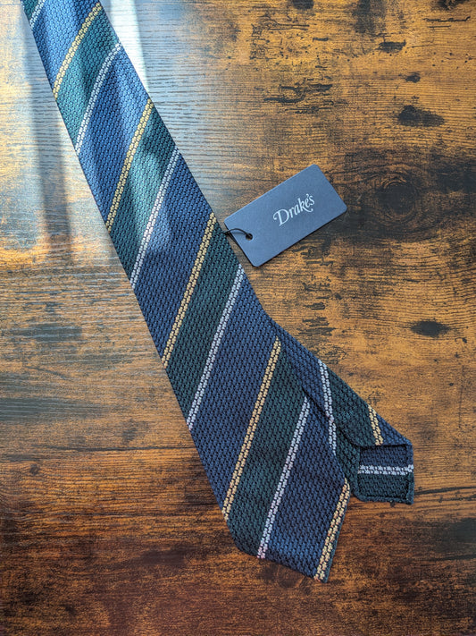 Drakes Grenadine Navy Green Yellow Multicoloured Striped Handmade Silk Tie With Tag