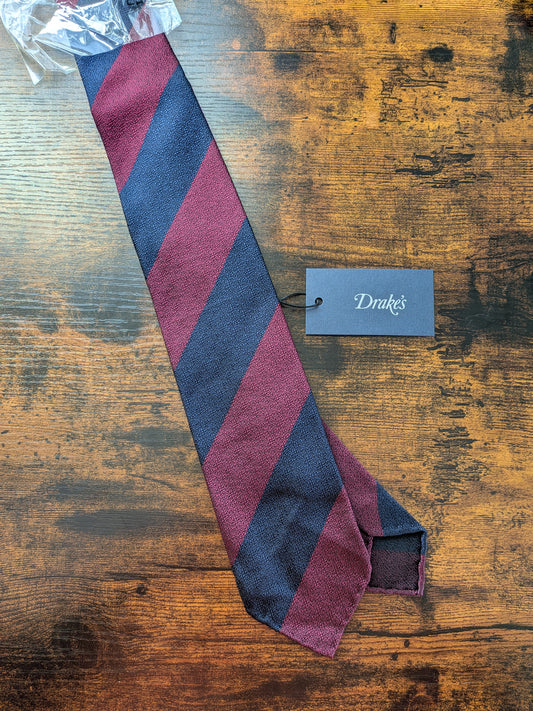 Drakes Burgundy Navy Striped Handmade Silk Tie With Tag
