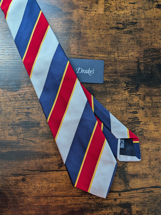 Drakes Navy Red Multicoloured Striped Handmade Silk Tie With Tag