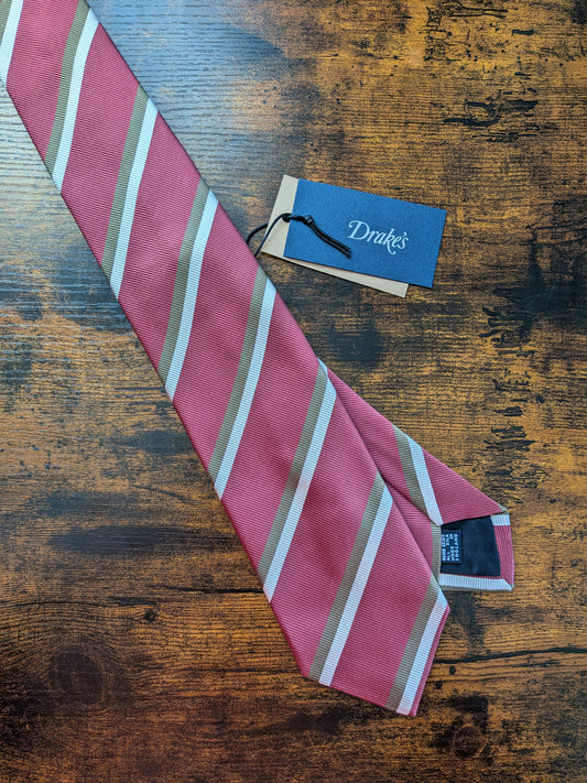 Drakes Rusty Rose Brown White Striped Handmade Silk Tie With Tag