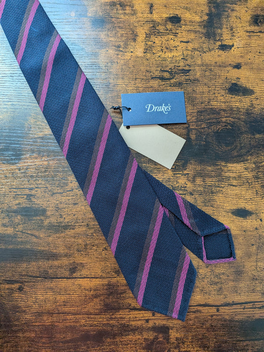 Drakes Navy Brown Pink Striped Handmade Silk Tie With Tag