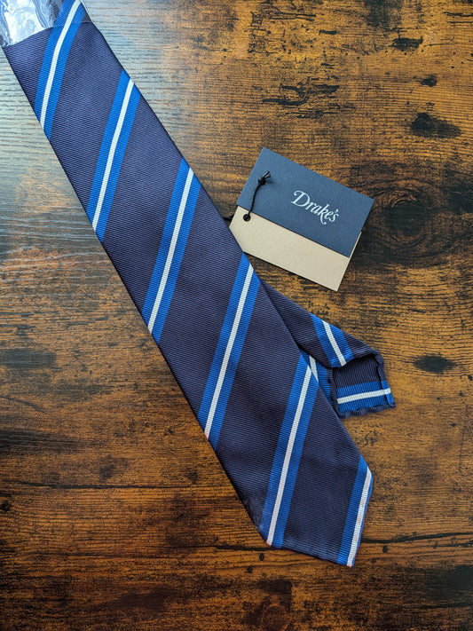 Drakes Navy Blue White Striped Handmade Silk Tie With Tag