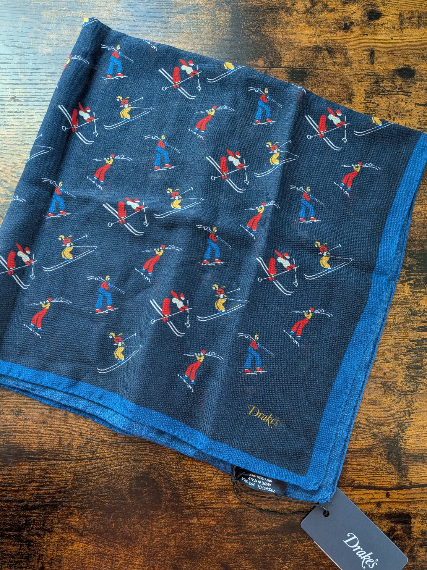 Drake's Navy Skiing Print Wool-Silk Bandana Limited Edition