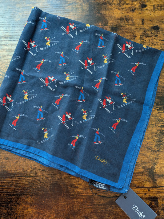 Drake's Navy Skiing Print Wool-Silk Bandana Limited Edition