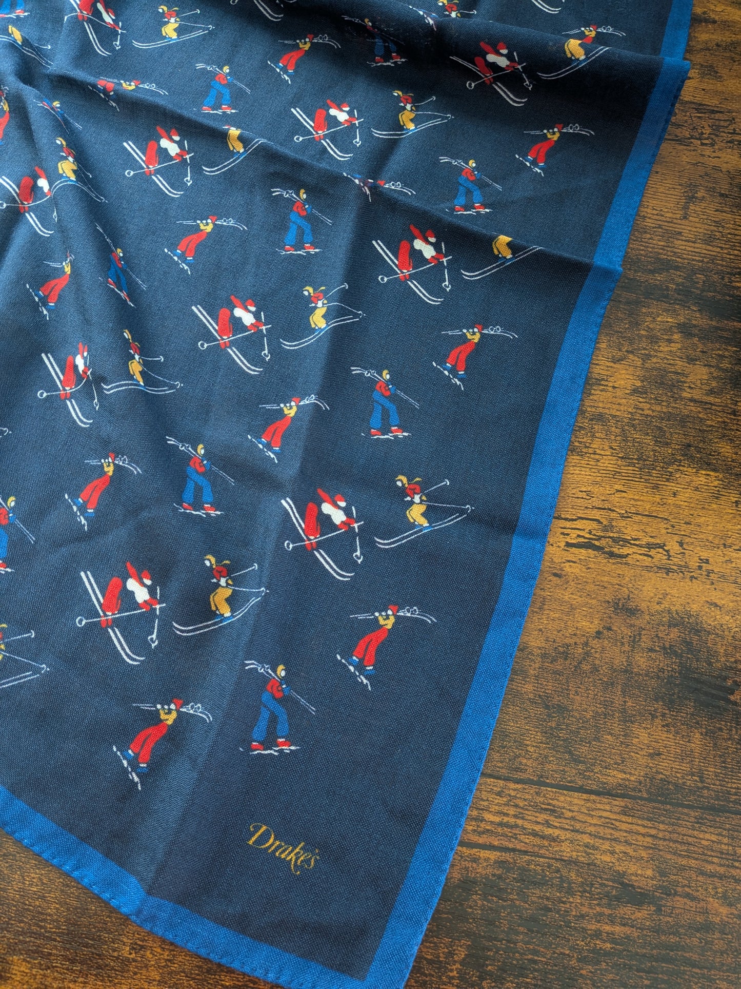 Drake's Navy Skiing Print Wool-Silk Bandana Limited Edition