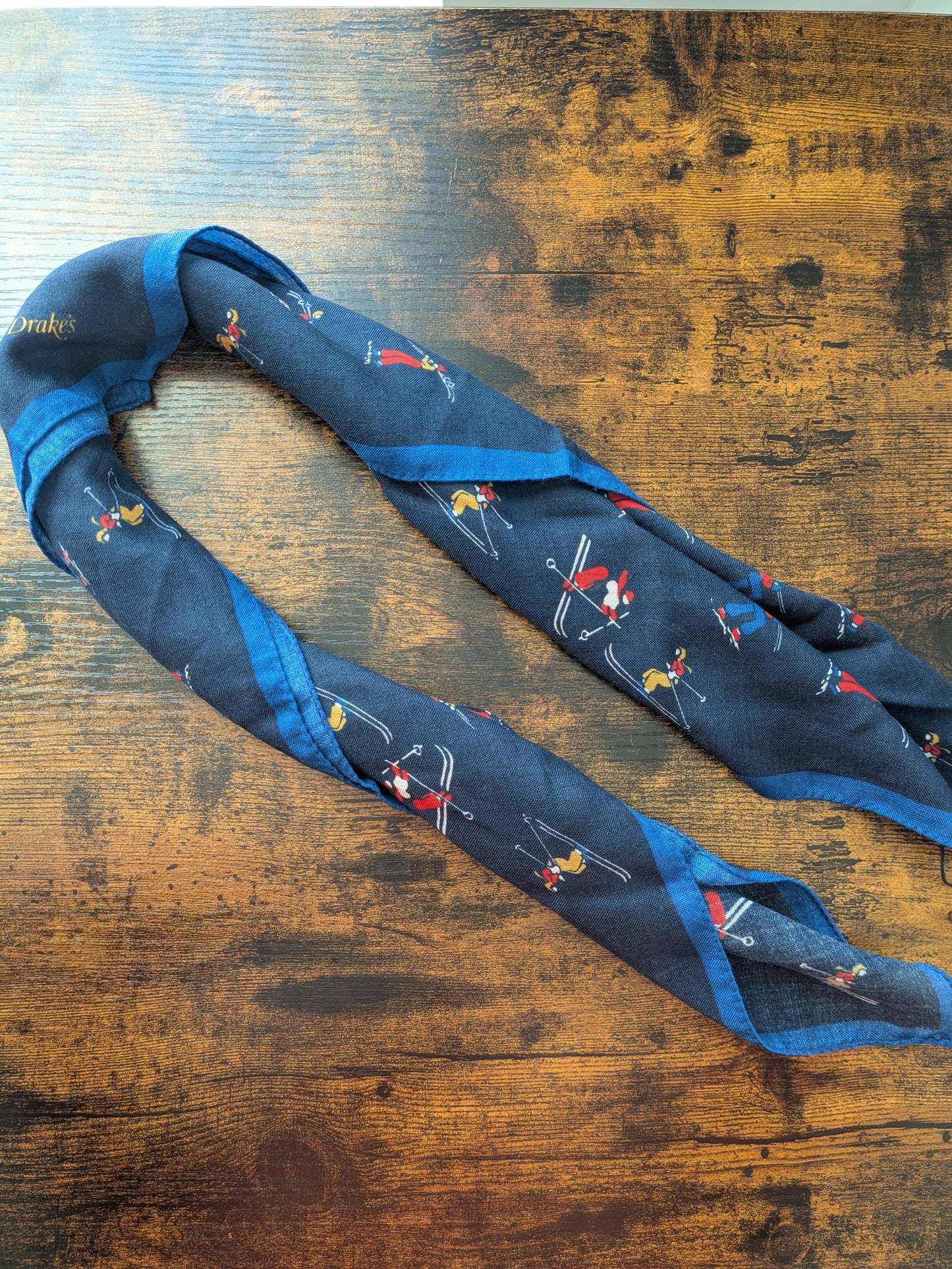 Drake's Navy Skiing Print Wool-Silk Bandana Limited Edition