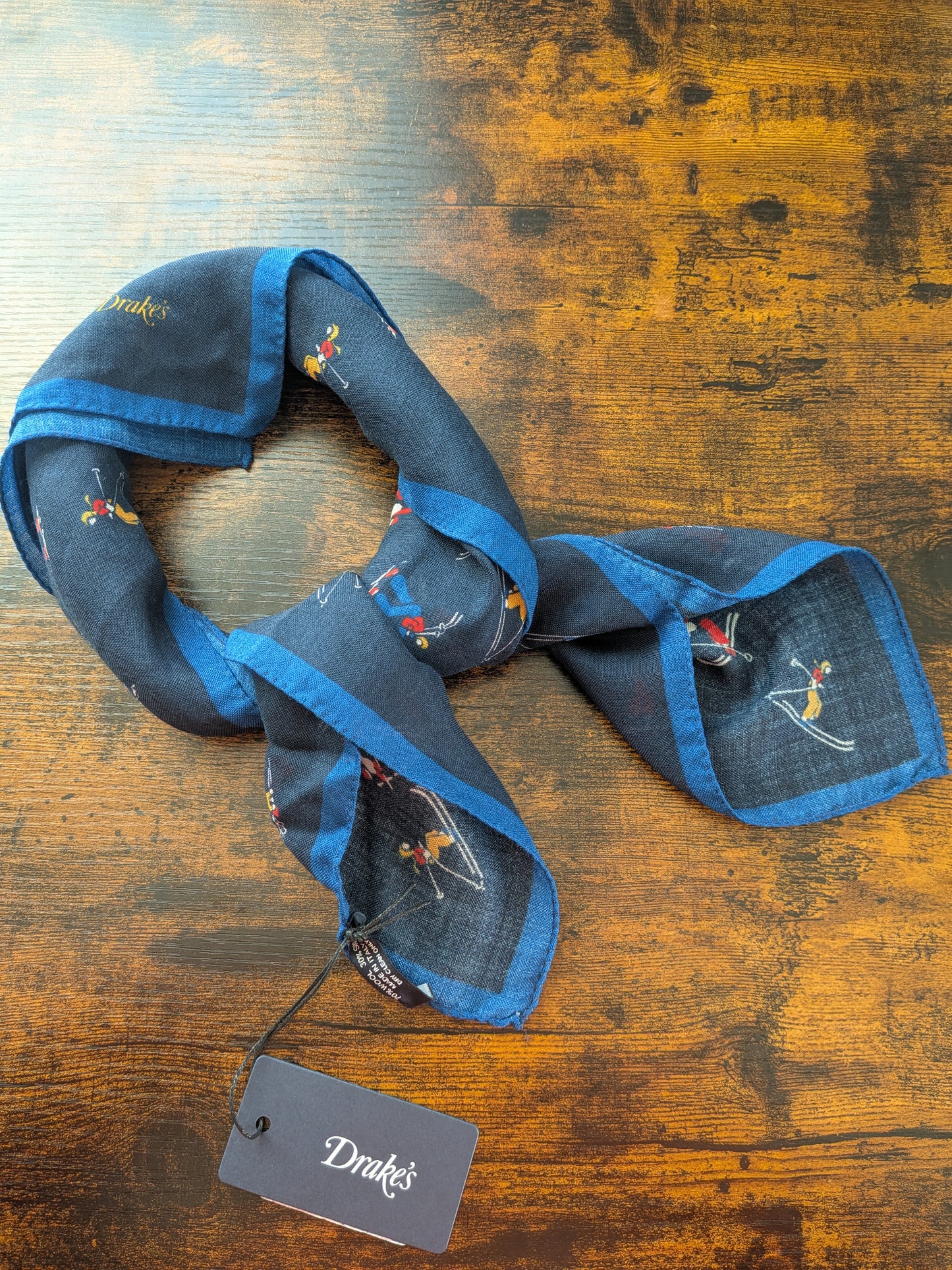 Drake's Navy Skiing Print Wool-Silk Bandana Limited Edition