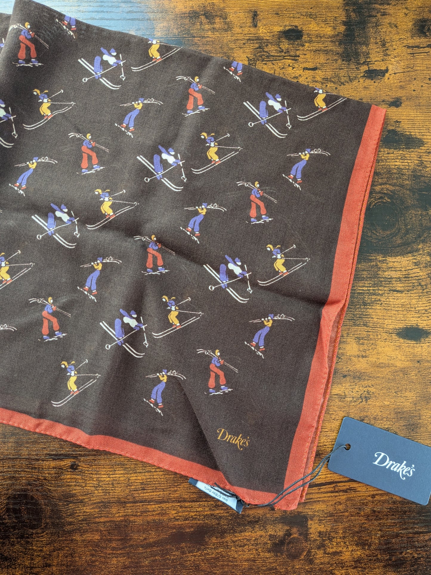 Drake's Brown Skiing Print Wool-Silk Bandana Limited Edition