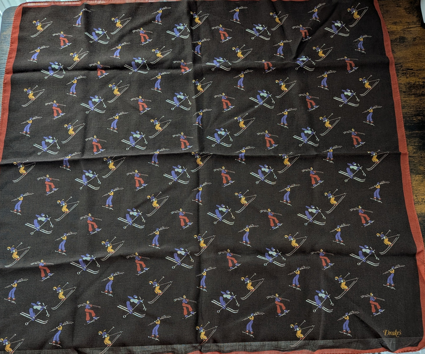 Drake's Brown Skiing Print Wool-Silk Bandana Limited Edition
