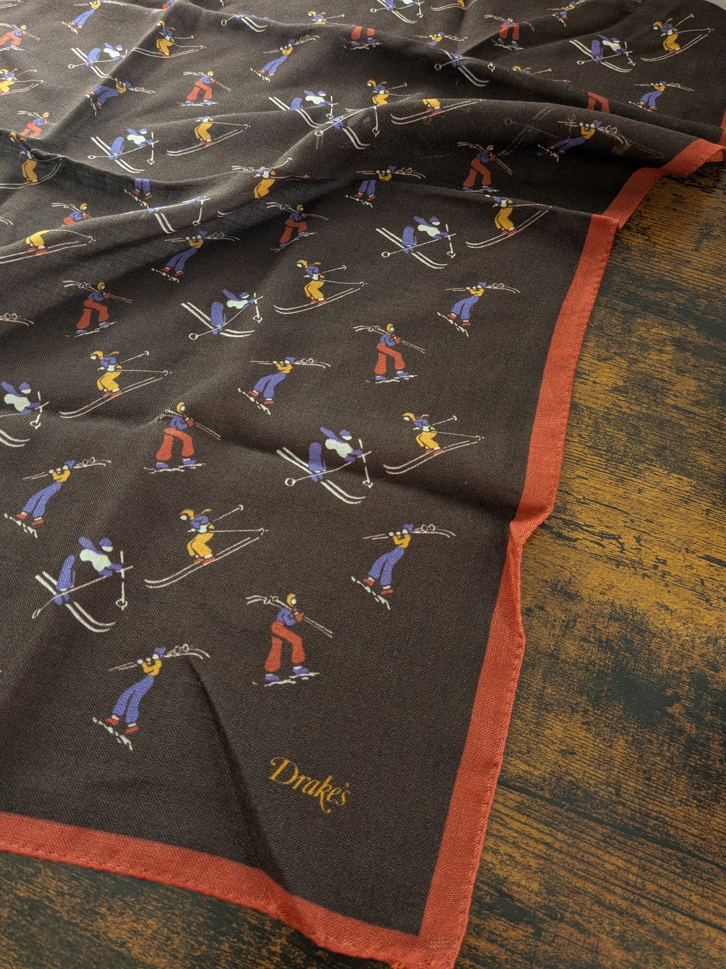 Drake's Brown Skiing Print Wool-Silk Bandana Limited Edition