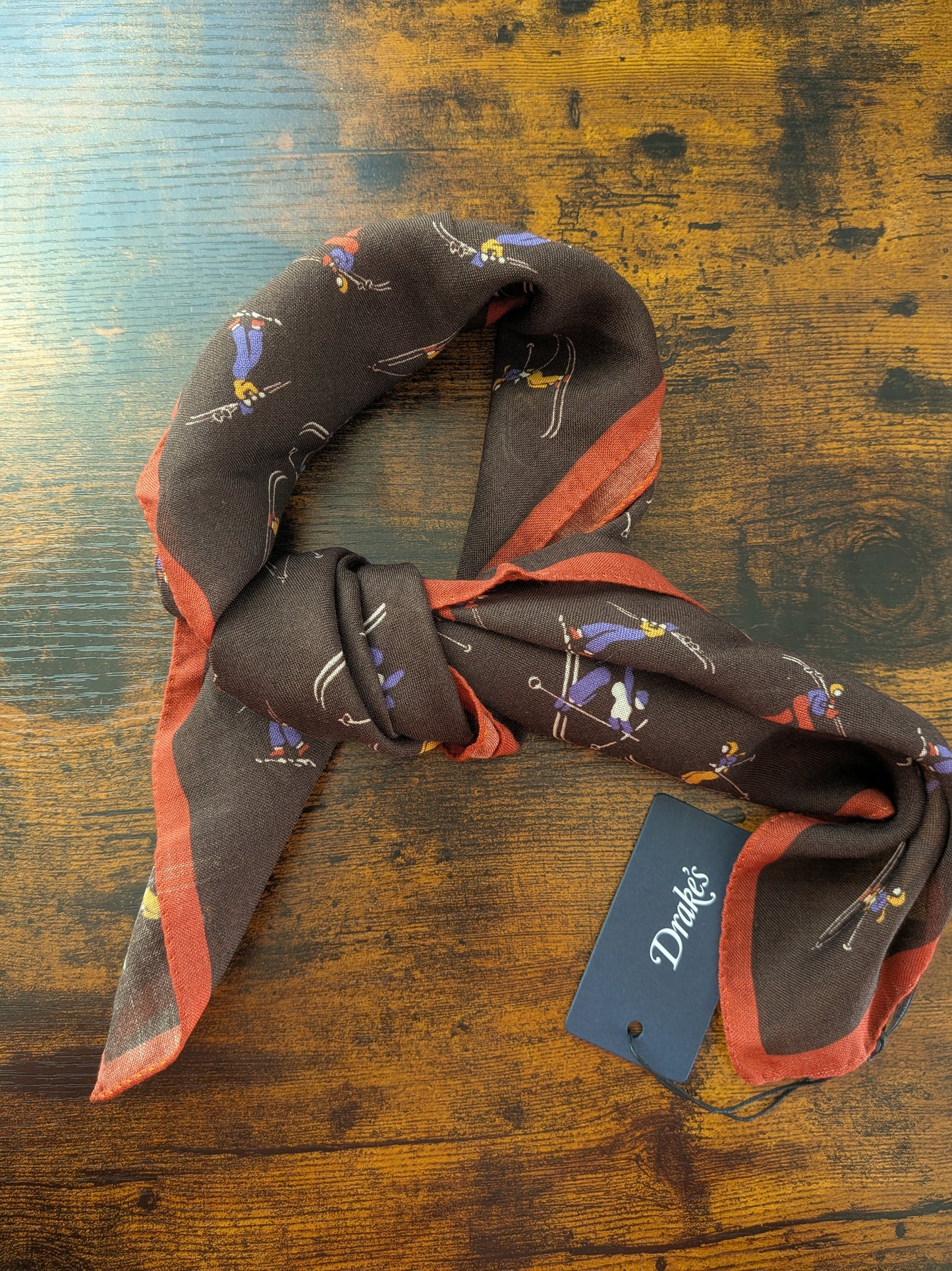 Drake's Brown Skiing Print Wool-Silk Bandana Limited Edition