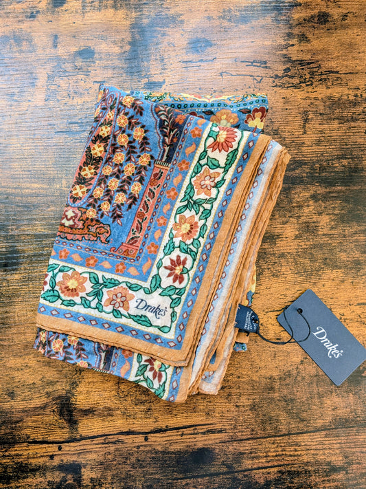 Drake's Ochre Floral Print Wool Silk Scarf Limited Edition