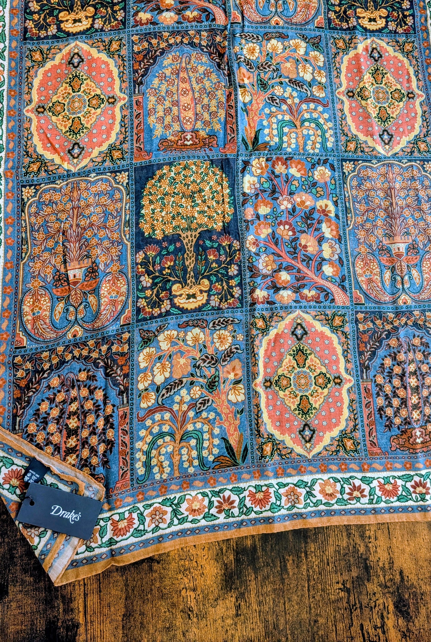 Drake's Ochre Floral Print Wool Silk Scarf Limited Edition
