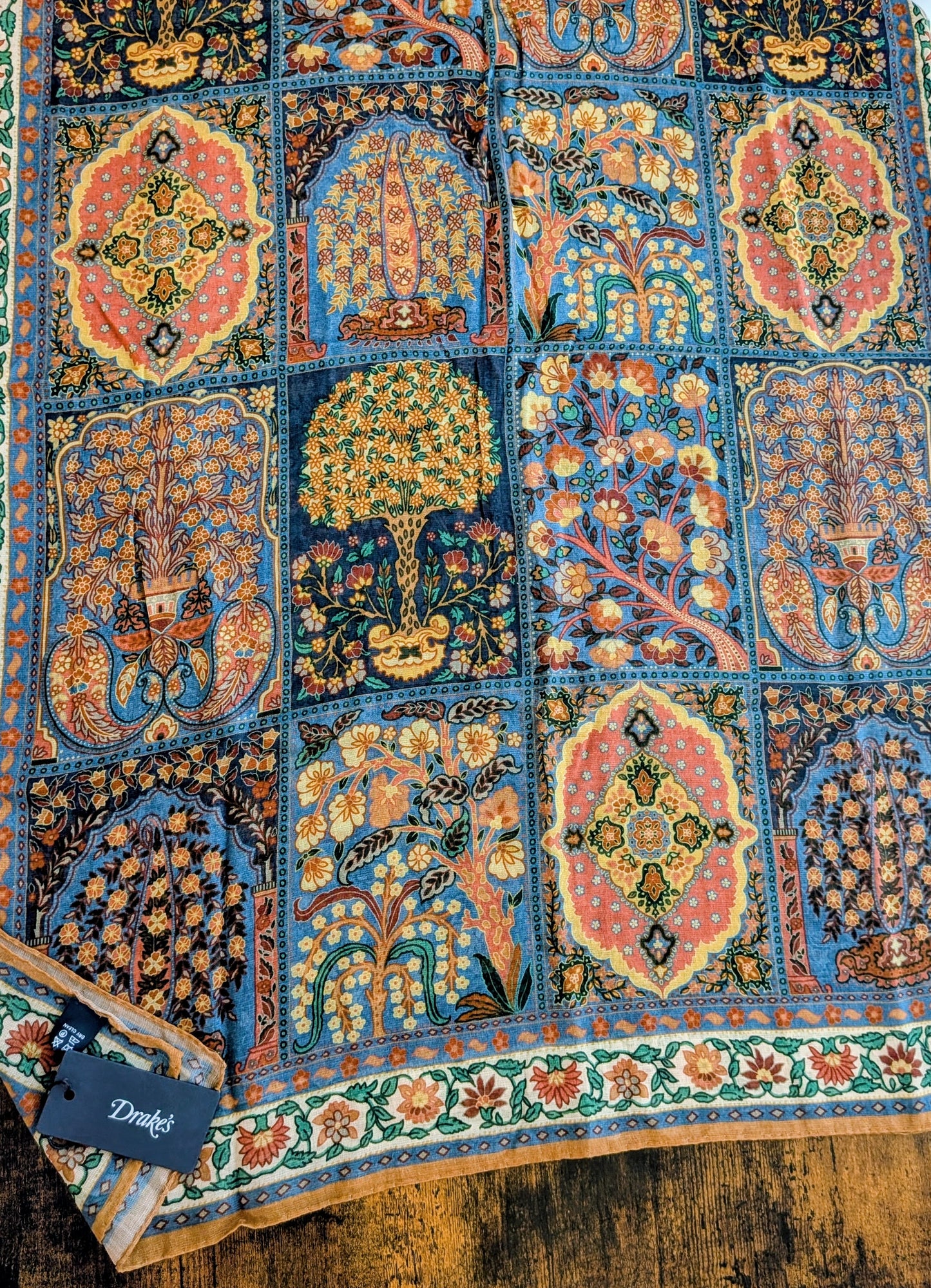 Drake's Ochre Floral Print Wool Silk Scarf Limited Edition