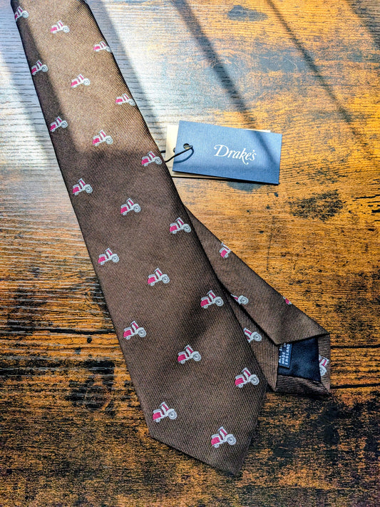 Drake's Vespa Motif Handmade Silk Ties Dark Brown Pink