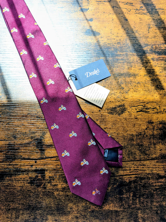 Drake's Vespa Motif Handmade Silk Ties Burgundy Orange