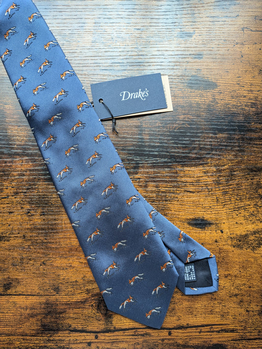Drake's Blue Fox Motif Handmade Silk Ties