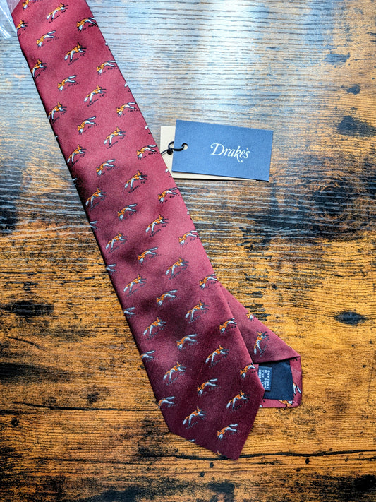 Drake's Burgundy Fox Motif Handmade Silk Ties