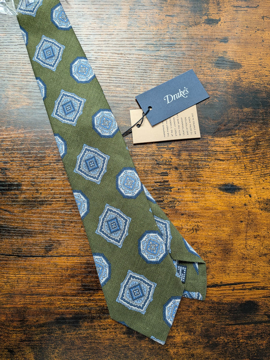 Drakes Sage Green Blue Geometric Handmade Silk Tie With Tag