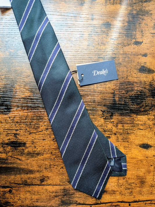 Drakes Dark Green Royal Blue Striped Handmade Silk Tie With Tag