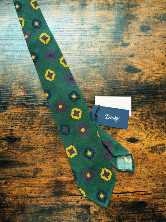 Drakes Dark Green Geometric Handmade Silk Tie With Tag