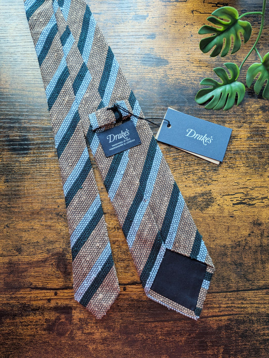Drake's Blue, Green and Light Brown Striped Handmade Silk Tie With Tag