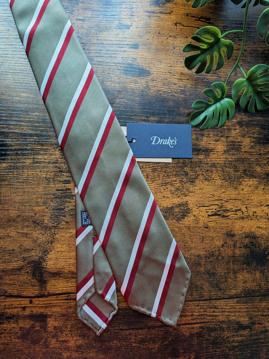 Drake's Sage, Burgundy and White Striped Handmade Silk Tie With Tag