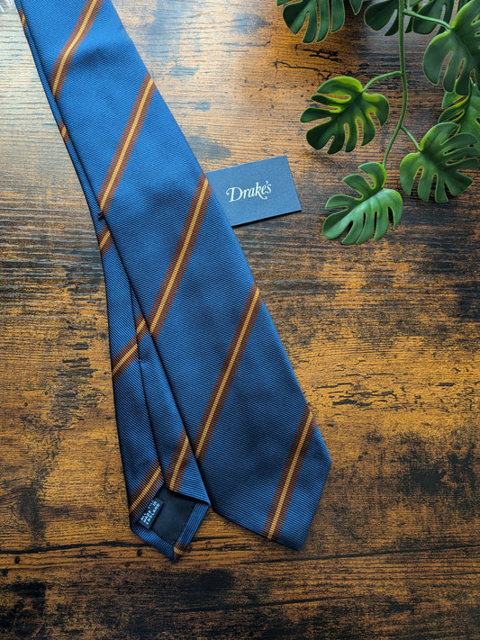 Drake's Navy, Brown and Yellow Striped Handmade Silk Tie With Tag