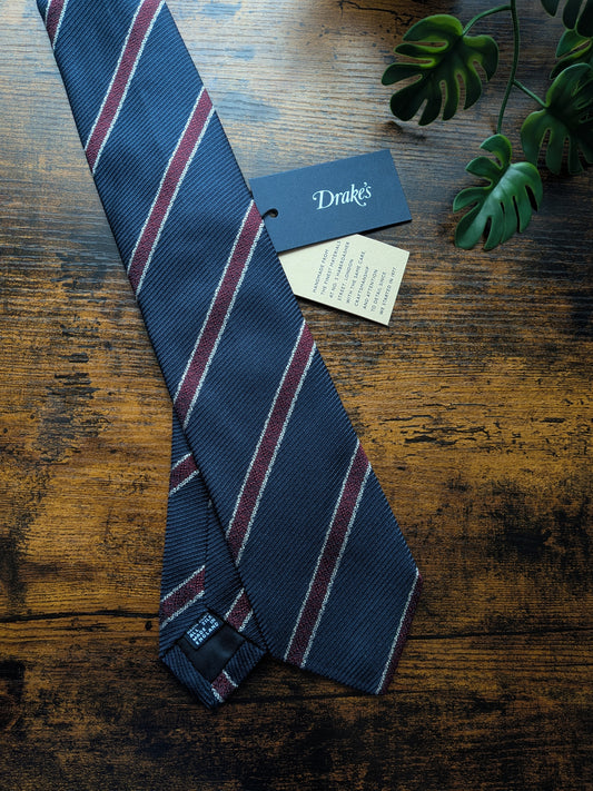 Drake's Navy, Burgundy and White Striped Handmade Silk Tie With Tag